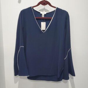 New With Tags Calvin Klein Navy Blue V Neck Top with Bell Sleeves/White Piping M